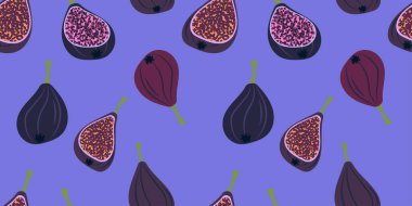 Leylak arka planında farklı türde incir parçacıkları olan kusursuz bir desen. Kağıt, kapak, kumaş, iç dekorasyon için modern soyut tasarım