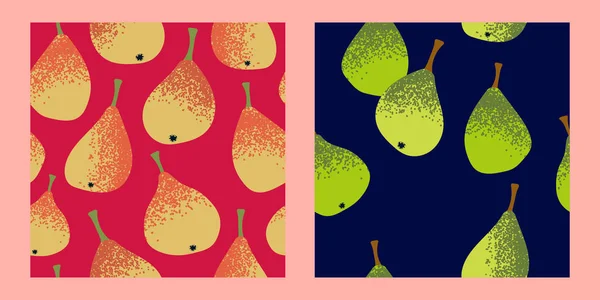Set Two Seamless Patterns Yellow Green Pears Bright Pink Navy — Stock Vector