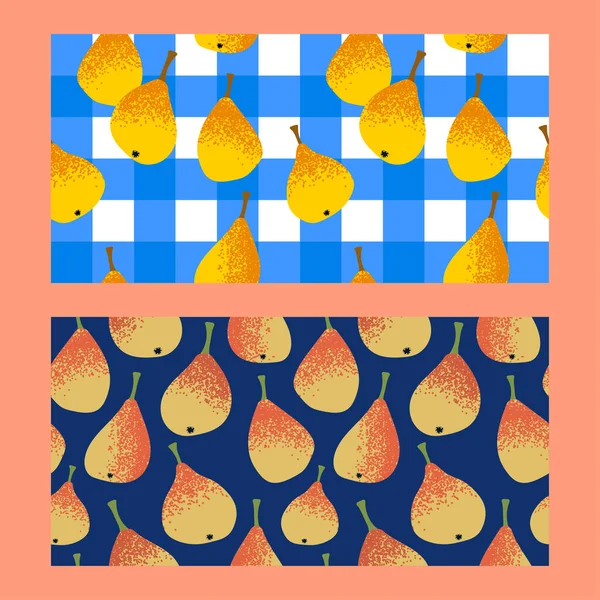 Zwei Nahtlose Muster Mit Einer Blau Karierten Tischdecke Mit Birnen — Stockvektor