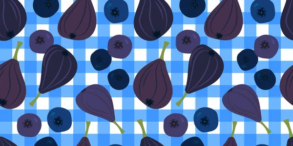 Patrón Sin Costuras Con Higos Arándanos Arándanos Mantel Azul Diseño — Archivo Imágenes Vectoriales
