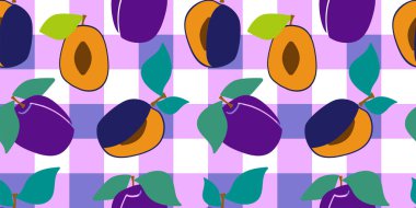 Damalı leylak masa örtüsü üzerinde kesilmiş erikli kusursuz desen. Kağıt, kapak, kumaş, iç dekorasyon için modern soyut tasarım