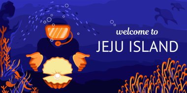 poster welcome to jeju island. diver with a pearl and marine life. template