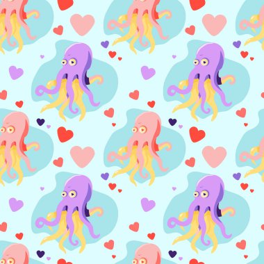 seamless pattern with pink and lilac cartoon octopus in love and hearts on a light blue background