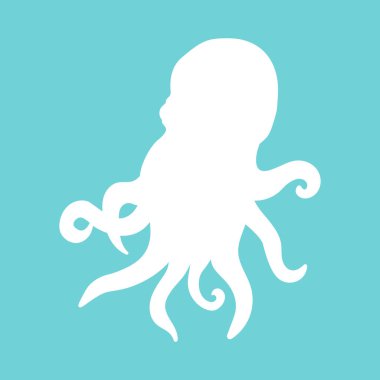 Parlak mavi arkaplanda beyaz bir ahtapot silueti.