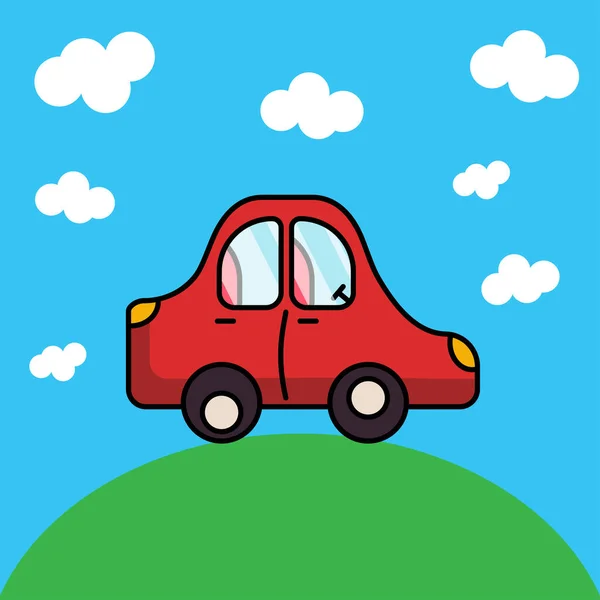 Illustration Promenades Voiture Rouge Pour Enfants Travers Herbe Ciel Nuages — Image vectorielle