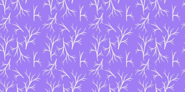 Leylak arka planında beyaz ağaç dalları olan kusursuz bir desen. Kağıt, kumaş ve düğün kartları için modern tasarım.