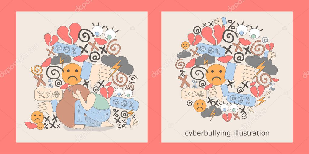 two illustrations with cyberbullying. online pressure. Posting sexual remarks, or pejorative labels. woman is under pressure from profanity and sexual harassment.