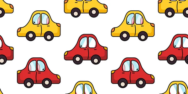 Padrão Sem Costura Com Brinquedos Carros Amarelos Vermelhos Fundo Branco — Vetor de Stock