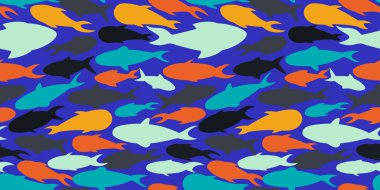 Pürüzsüz desenli, koyu leylak arkaplanda karışık balıklar sürüsü. Kağıt, kapak, kumaş, iç dekorasyon için modern soyut tasarım