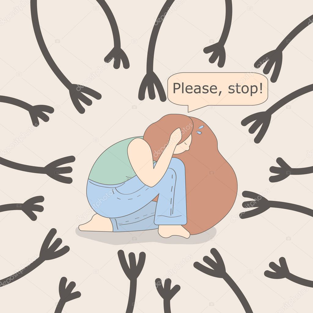 Illustration of a scared woman who covered her ears with her hands. the girl is afraid and wants everything to stop. cyberbullying. woman is under pressure from sexual harassment.
