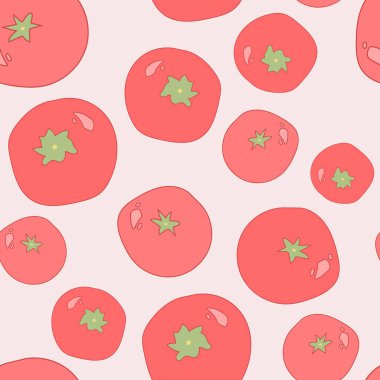 Açık arkaplanda kırmızı domatesli, dikişsiz sebze deseni. Kağıt, kapak, kumaş, iç dekorasyon için modern soyut tasarım