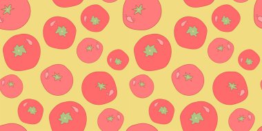 Açık sarı arka planda kırmızı domatesli sebzesiz desen. Kağıt, kapak, kumaş, iç dekorasyon için modern soyut tasarım