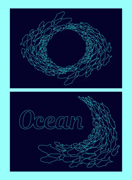 Conjunto Dos Ilustraciones Con Una Escuela Lineal Peces Oceánicos Con — Vector de stock