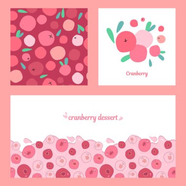 Taze yaban mersinli, kızılcıklı ve yapraklı üç adet şablon. Ambalaj, kağıt, kapak, kumaş, iç dekorasyon için modern soyut tasarım