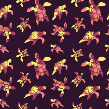 Kestane rengi bir zemin üzerinde parlak renkli kaplumbağa siluetleri olan kusursuz tropikal desenler. Ambalaj, kağıt, kapak, kumaş, iç dekorasyon için modern soyut tasarım