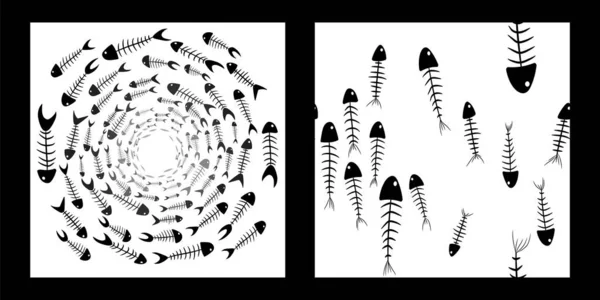 Αδιάλειπτη Μοτίβο Και Απεικόνιση Σιλουέτες Σκελετών Μαύρων Ψαριών Λευκό Φόντο — Διανυσματικό Αρχείο