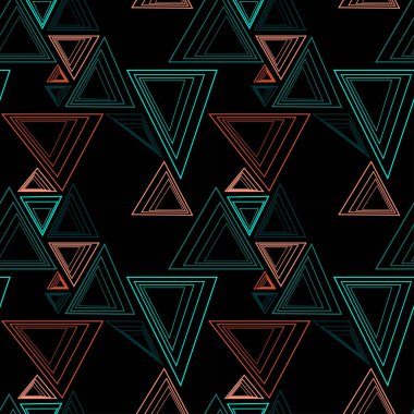 Siyah zemin üzerinde turuncu ve mavi üçgenler olan geometrik dikişsiz desen. Ambalaj, kağıt, kapak, kumaş, iç dekorasyon için modern soyut tasarım