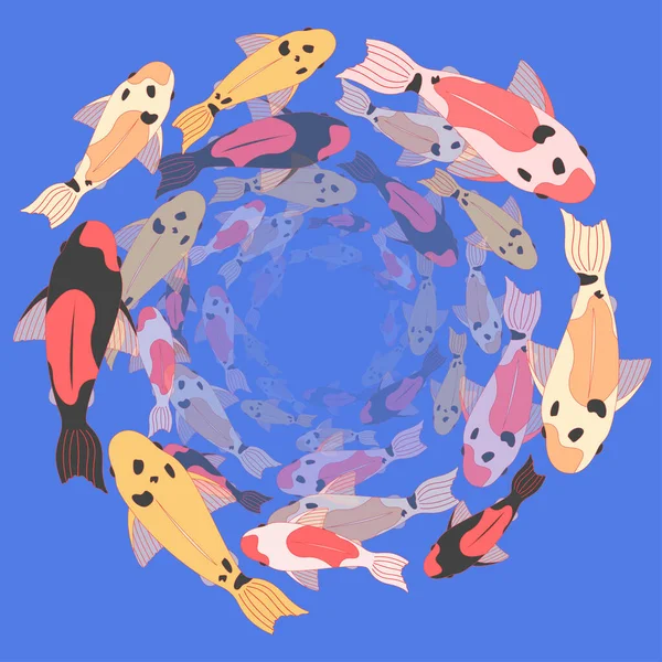 Illustration Avec Une École Carpes Koï Multicolores Sur Fond Bleu — Image vectorielle
