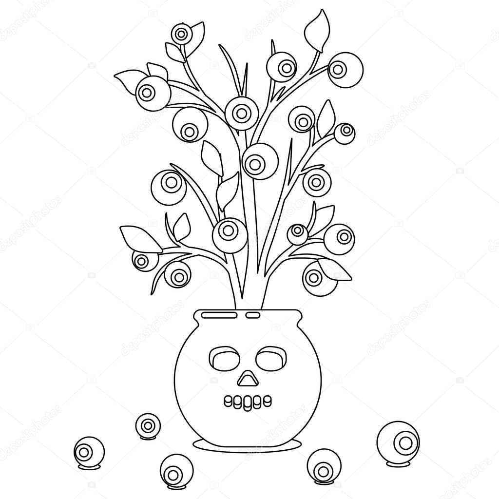 template for child coloring. terrifying plant with eyeballs. in linear style. halloween template