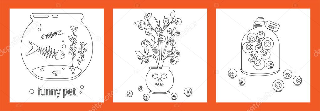 set of three templates for child coloring. terrifying plant, jar with eyeballs and fish skeletons in aquarium. linear style. halloween template