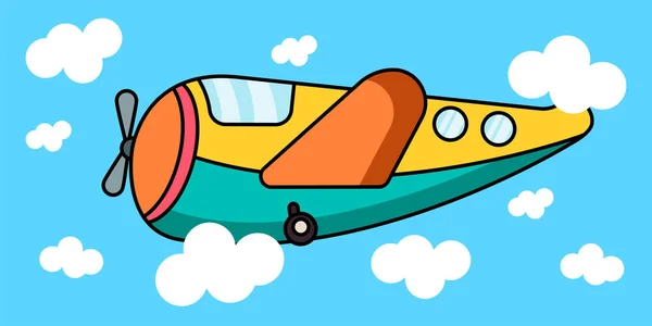 Bulutların Arasında Uçan Oyuncak Bir Çizgi Film Uçağıyla Çocuksu Bir — Stok Vektör