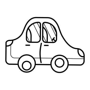 Bebek boyama şablonu. Yolcu koltukları ve direksiyonu olan oyuncak bir çizgi film arabası. doğrusal biçim