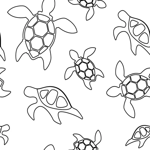 Nahtloses Muster Mit Schwarzen Und Weißen Linearen Tropischen Schildkröten Modernes — Stockvektor