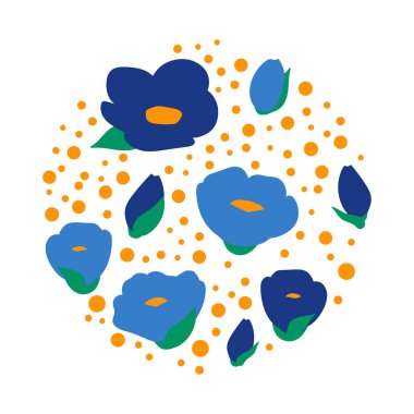 Mavi çiçekli ve yeşil yapraklı bir çiçek şablonu. Giysiler, ambalaj, kağıt, kumaş için modern tasarım