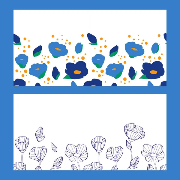 Set Aus Zwei Floralen Nahtlosen Vorlagen Mit Blauen Blüten Und — Stockvektor