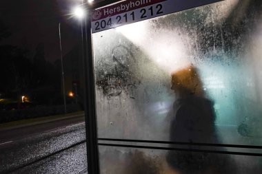 Stockholm, İsveç Lidingo 'da bir kadın otobüs durağında tek başına bekliyor..