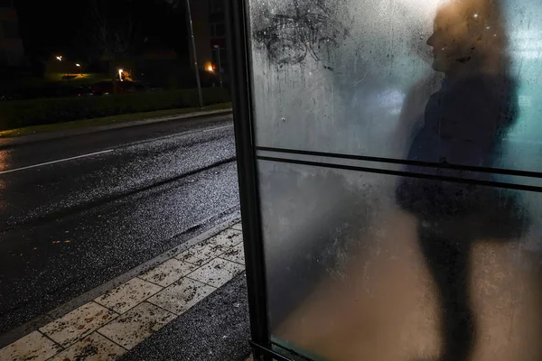 Stockholm, İsveç Lidingo 'da bir kadın otobüs durağında tek başına bekliyor..