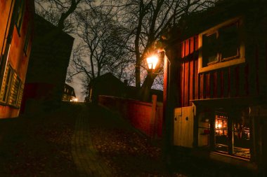 Stockholm, İsveç İsveç Açık Hava Müzesi 'ndeki gaz lambasıyla aydınlatılan karanlık bir sokak köşesi..
