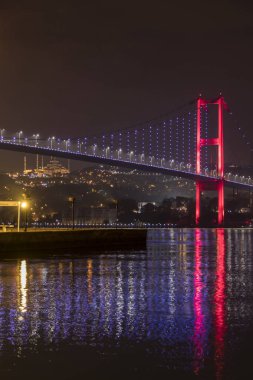 İstanbul, Türkiye Boğaziçi Köprüsü altındaki Ortakoy Camii, resmi adıyla 15 Temmuz Şehitler Köprüsü ve gayri resmi adıyla Birinci Köprü