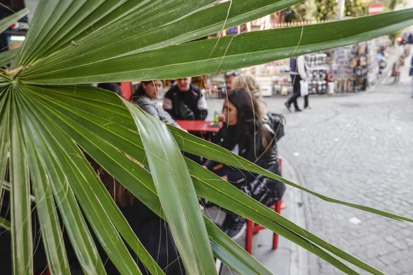 Istanbul Turkey Woman Sits Outdoor Cafe Balat Neighborhood — Stock Photo, Image