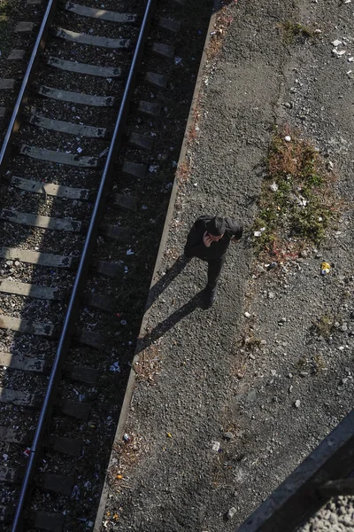 Tbilisi Georgia Man Speaks Phone While Walking Tracks Train Station — Stock Photo, Image