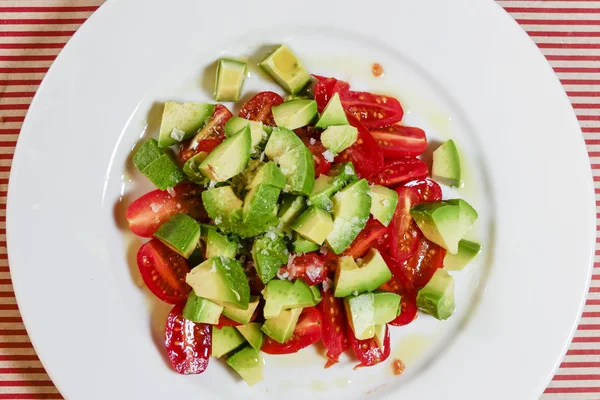 Stockholm Sweden Tomato Avocado Salad White Plate Olive Oil — Stock Photo, Image