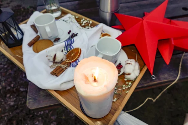 Stockholm Schweden Ein Tablett Vor Einem Café Mit Kerze Kaffeetassen — Stockfoto