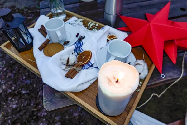 Stockholm Schweden Ein Tablett Vor Einem Café Mit Kerze Kaffeetassen — Stockfoto