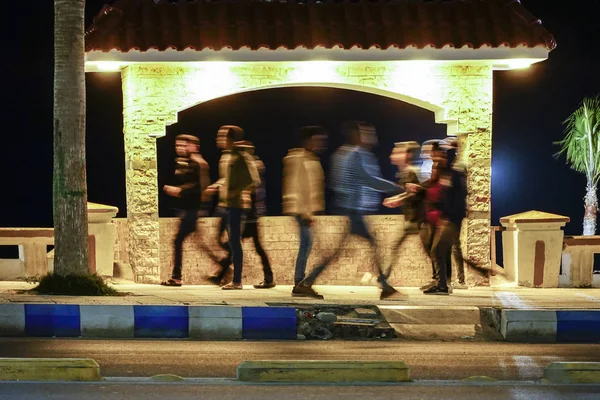 Marsa Matruh, Egypt People walking on the corniche at night.