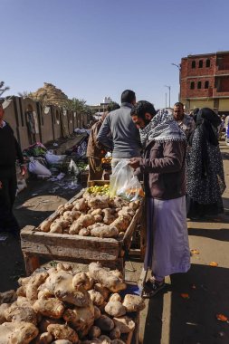 Siwa Oasis, Mısır Alışverişçileri ve tezgahları Cuma sabahı pazarında. Sebze standı.
