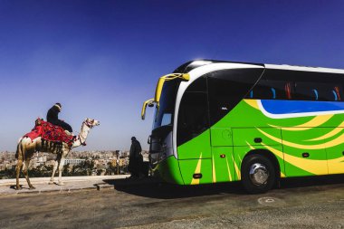 Kahire, Mısır Giza Piramitleri 'nde bir deve ve bir turist otobüsü.