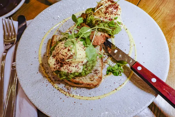 Stockholm Suède Œufs Benoît Sur Pain Perdu Campagne Avec Avocat — Photo