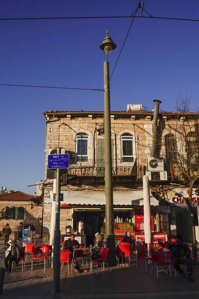 Jerusalém Israel Compradores Pedestres Rua Jaffa Café Livre — Fotografia de Stock