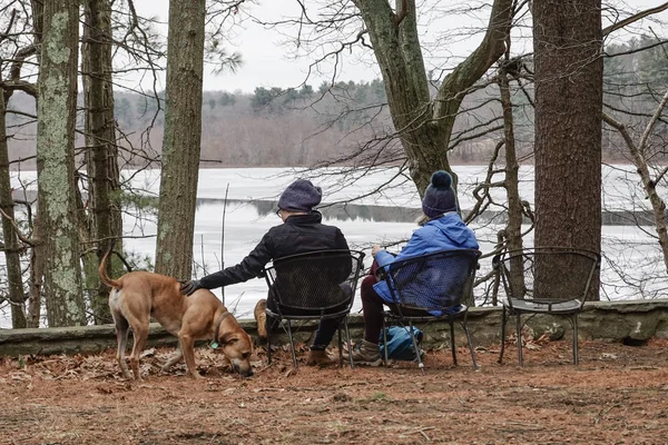 Конкорд Массачусетс Сша Две Женщины Сидят Зимой Рядом Прудом Собакой — стоковое фото