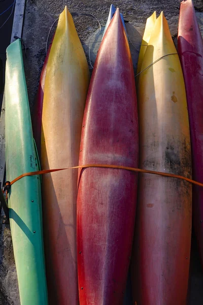 Stockholm Sweden Colorful Canoes Tied Winter Dock — Stok fotoğraf