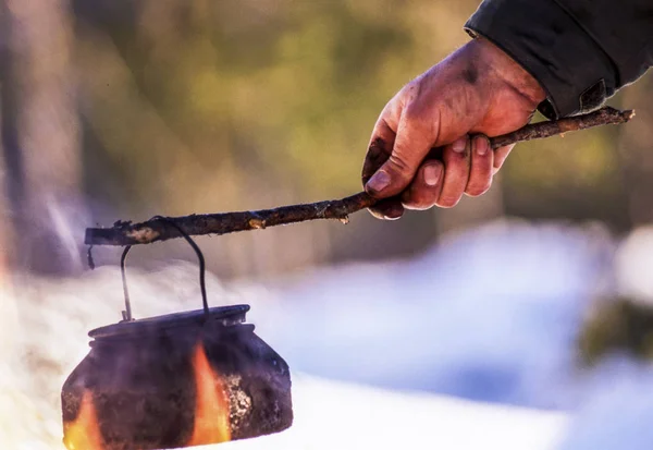 Boden Sweden Man Cooks Water Open Flame Woods — Stock Photo, Image
