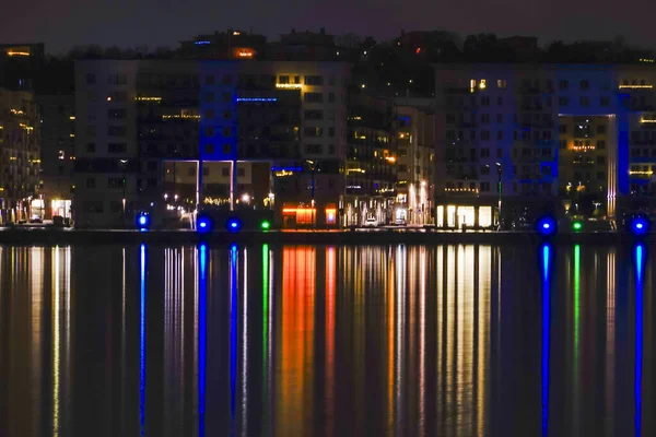 Stockholm Švédsko Čtvrti Liljeholmskajen Noci — Stock fotografie