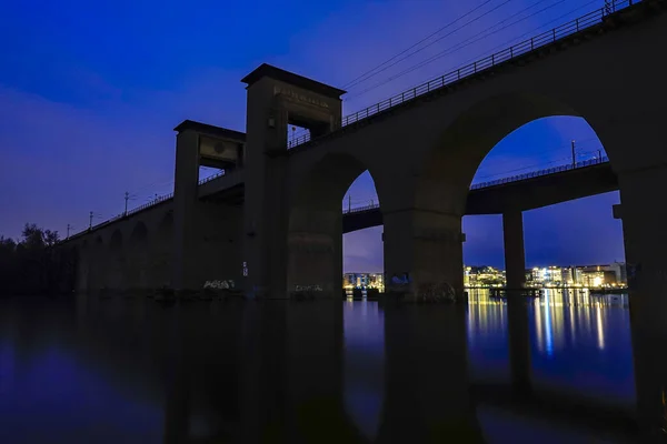 Stockholm Sweden Neighborhood Liljeholmskajen Night Arsta Bridge — 스톡 사진