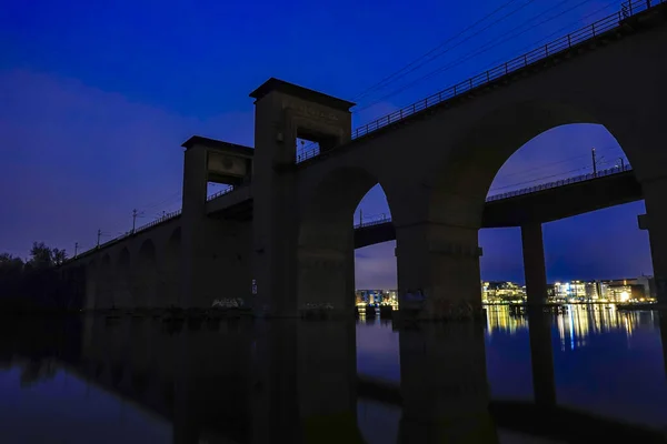 Stockholm Sweden Neighborhood Liljeholmskajen Night Arsta Bridge — Stock Photo, Image