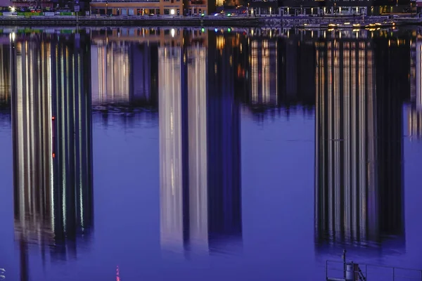 Stockholm Sweden Reflections Towers Water Liljeholmskajen — Stock Photo, Image